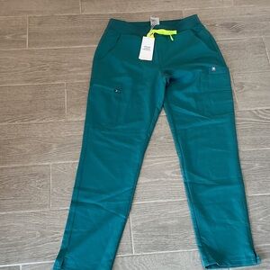 Figs Yola Yoga Waistband Skinny Scrub Pants Marine/ Neon Yellow Drawstring Sz S
